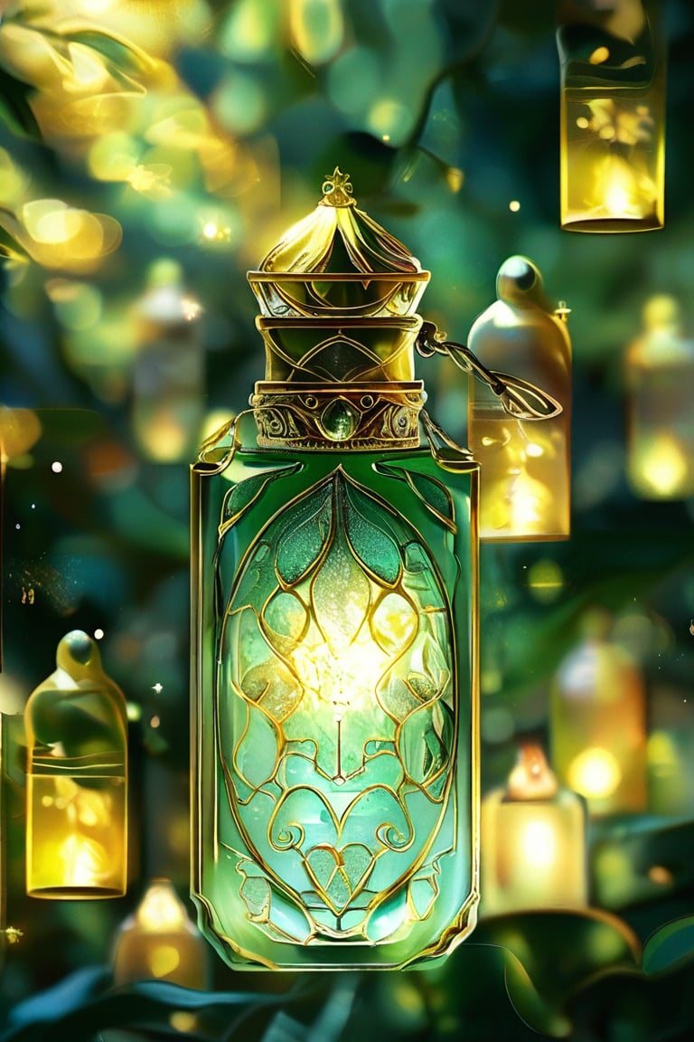 a green rectangular potion with intricate gold adornment, sparkle, glow blur background, decorated placement
