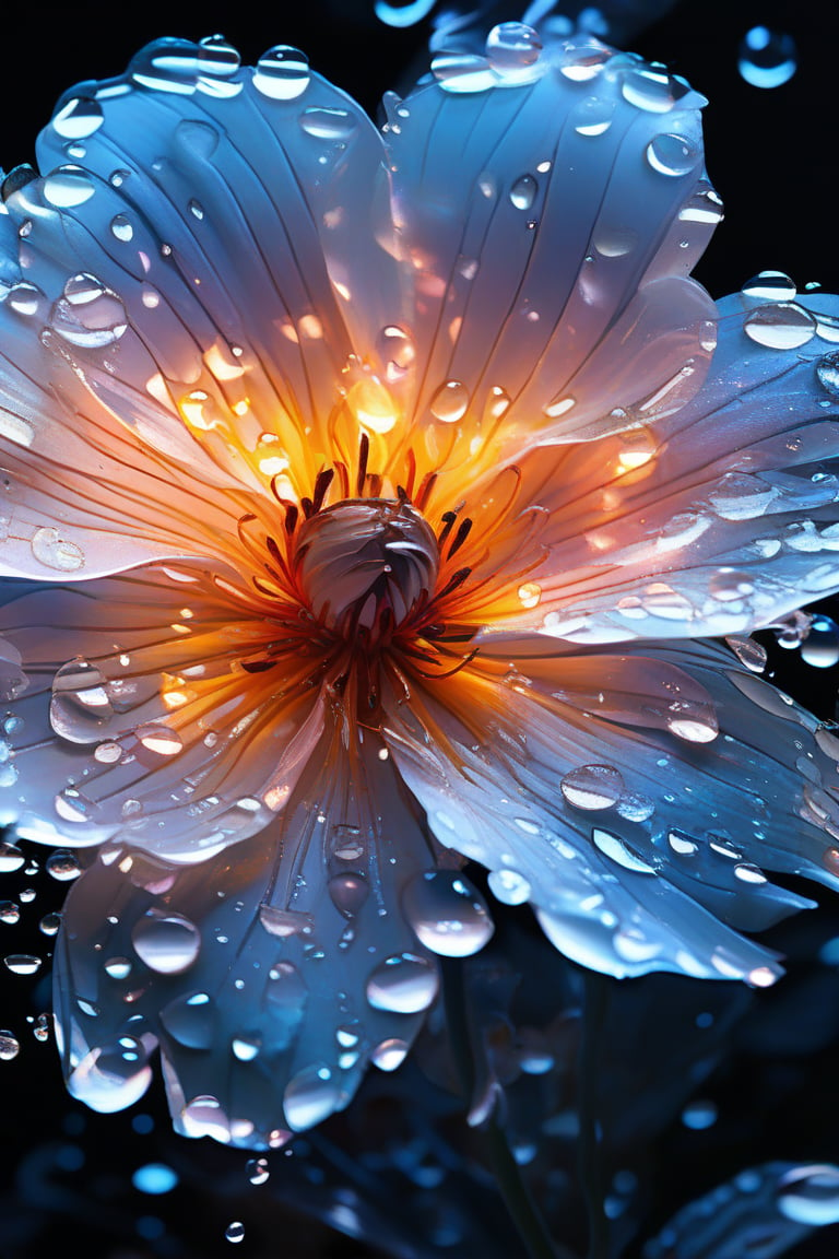 masterpiece, 8k, HDR, best quality, (highly detailed skin), photography, analog style, real life, extremely beautiful, (highly detailed, intricately detailed), (alluring eyes), depiction of a bioluminescent flower with bright, sharp, staring eyes, alyssa's petals attached to water droplets, mimics the texture seen in sculptural artwork, delicate combination of oil and marker lines on cracked epoxy glass, ultra-fine illumination, highly stylized and dramatic, (3D) image