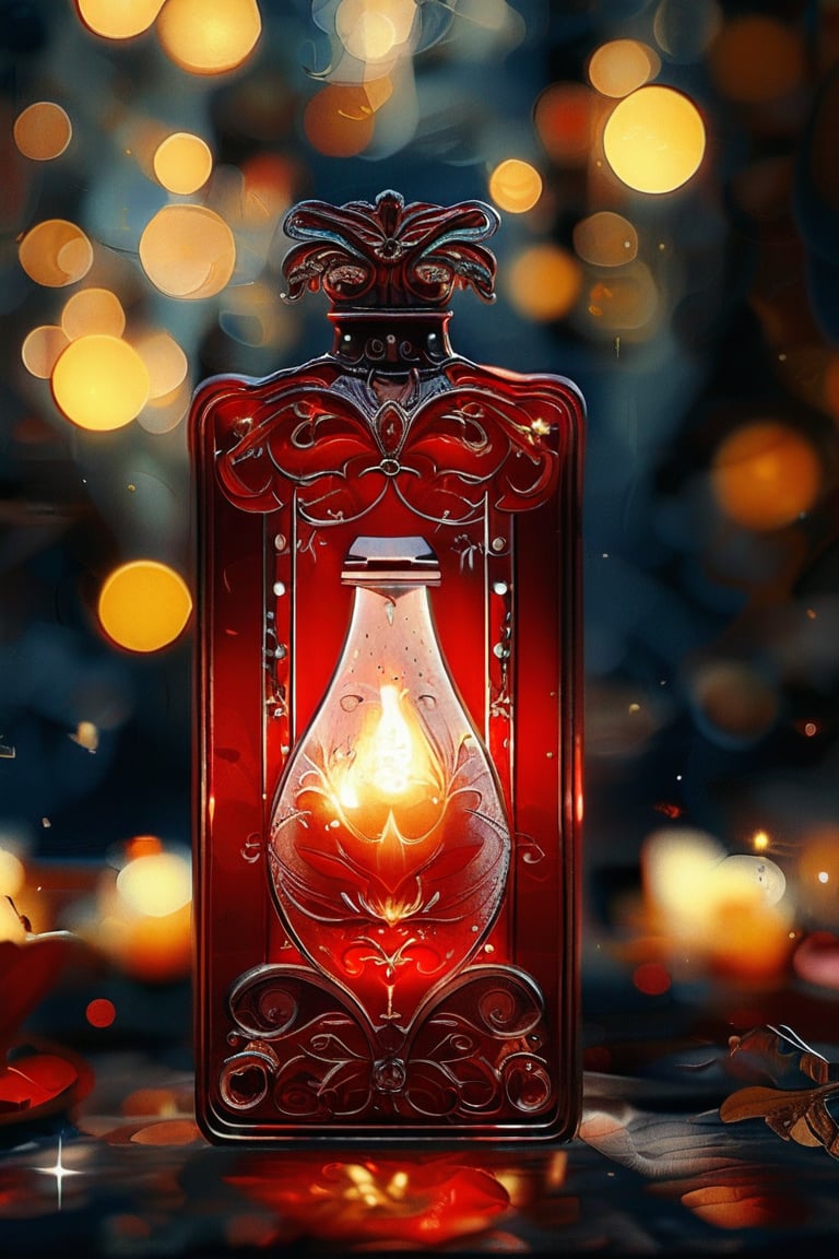 a red rectangular potion with intricate gold adornment, sparkle, glow blur background, decorated placement
