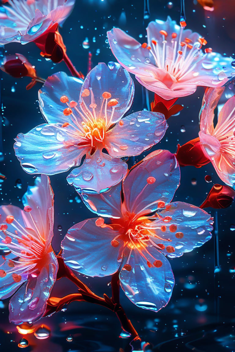 masterpiece, 8k, HDR, best quality, (highly detailed skin), photography, analog style, real life, extremely beautiful, (highly detailed, intricately detailed), (alluring eyes), depiction of a bioluminescent flower with bright, sharp, staring eyes, sakura's petals attached to water droplets, mimics the texture seen in sculptural artwork, delicate combination of oil and marker lines on cracked epoxy glass, ultra-fine illumination, highly stylized and dramatic, (3D) image