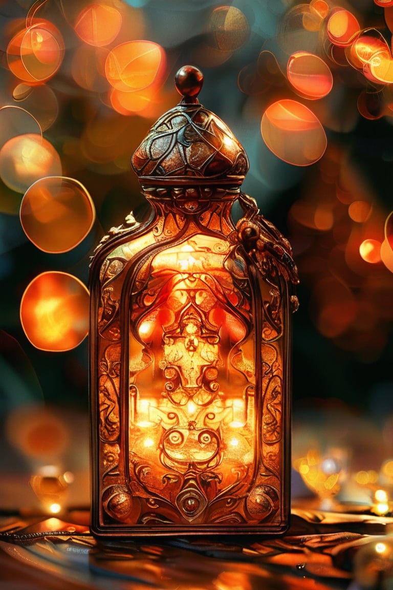 a copper rectangular potion with intricate gold adornment, sparkle, glow blur background, decorated placement
