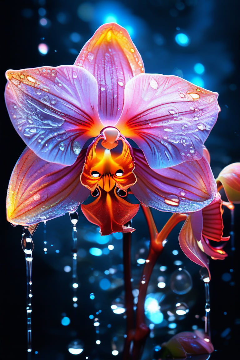 masterpiece, 8k, HDR, best quality, (highly detailed skin), photography, analog style, real life, extremely beautiful, (highly detailed, intricately detailed), (alluring eyes), depiction of a bioluminescent flower with bright, sharp, staring eyes, orchid's petals attached to water droplets, mimics the texture seen in sculptural artwork, delicate combination of oil and marker lines on cracked epoxy glass, ultra-fine illumination, highly stylized and dramatic, (3D) image