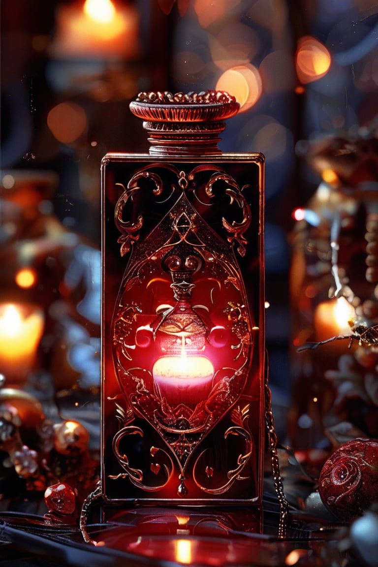 a dark crimson rectangular potion with intricate gold adornment, sparkle, glow blur background, decorated placement
