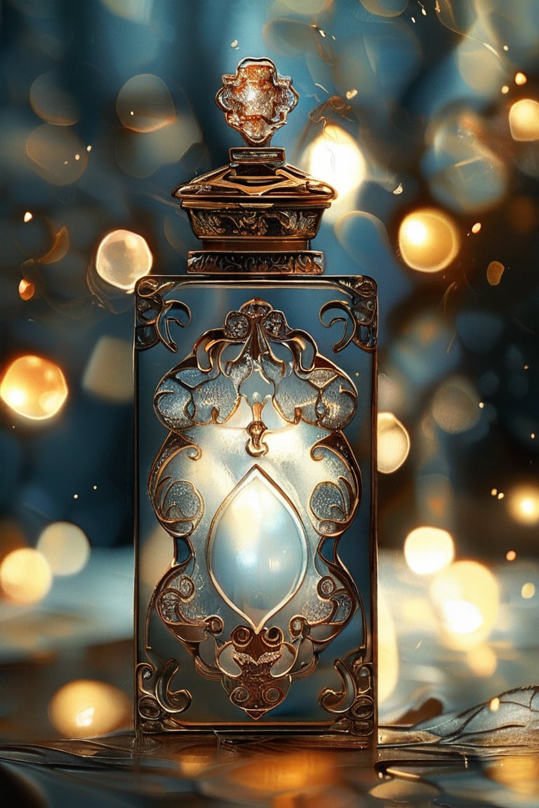 a grey rectangular potion with intricate gold adornment, sparkle, glow blur background, decorated placement
