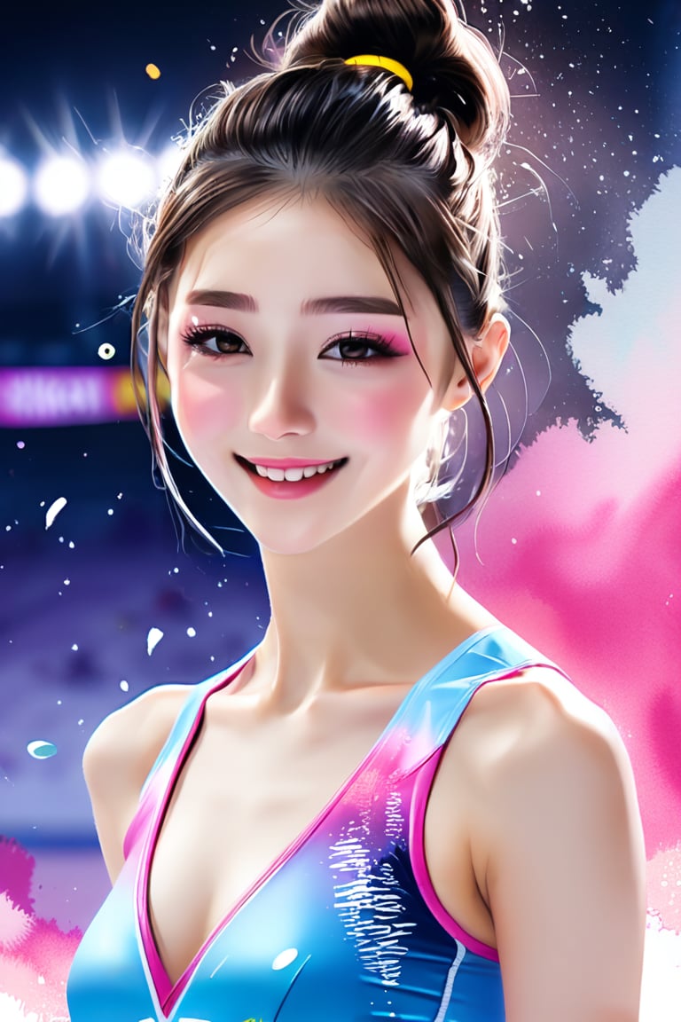 ek_art_b00ster, a pencil sketch of 1girl in pastel art blended with alcohol ink style, dark long hair, chignon, kind smile, a mesmerizing beautiful face, colorful rhythmic gymnastics uniform, unreal engine rendering, masterpiece, best quality, half body, fashionably dressed, olympic athlete, professional