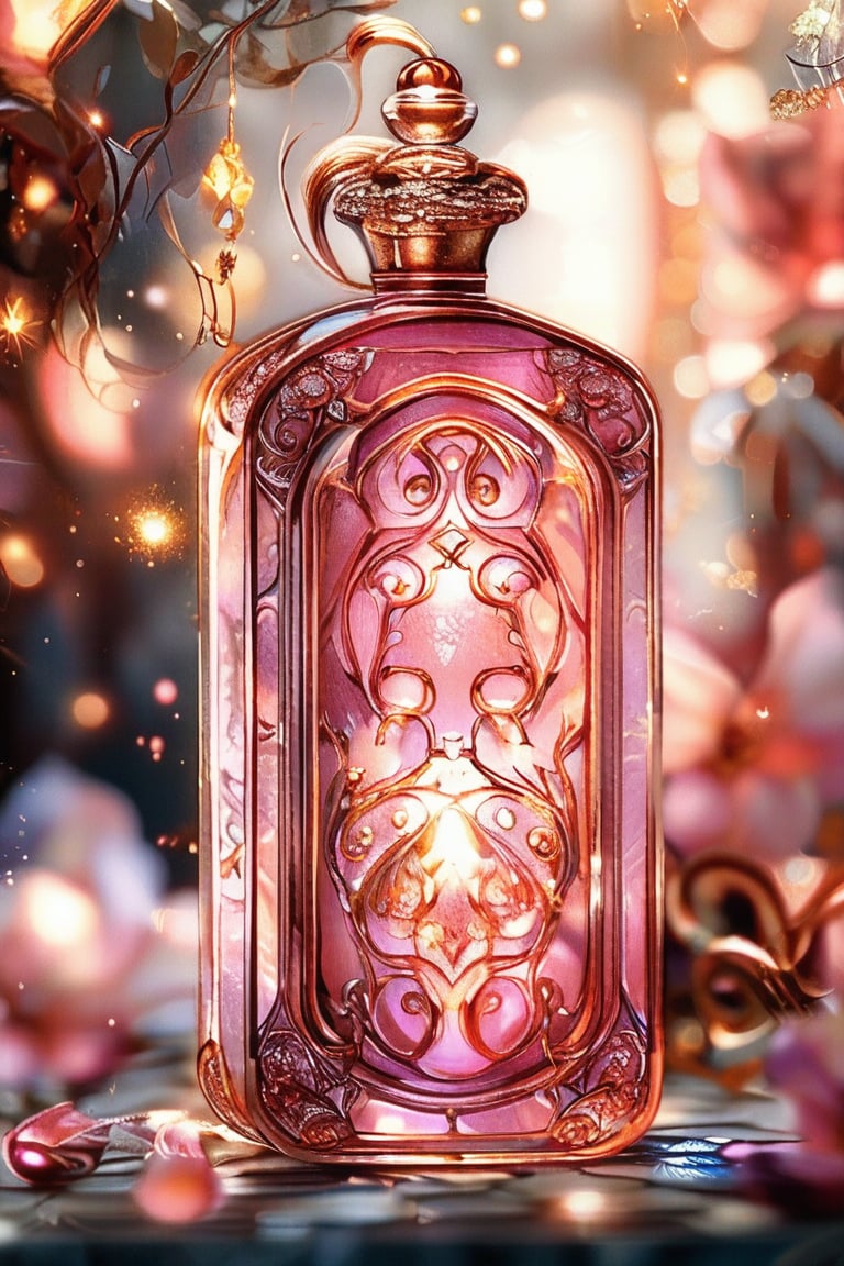 a pink rectangular potion with intricate gold adornment, sparkle, glow blur background, decorated placement
