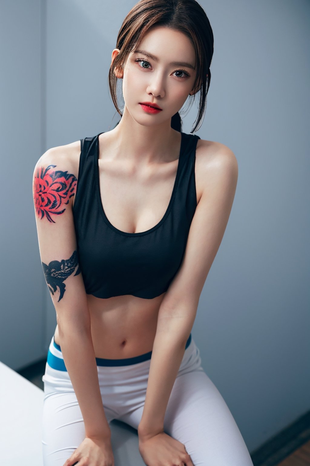 tattoo, 1girls, dragontattoo, modelpose, realistic, body_tattoo, background_city, 8k, colorful, sportswear, sportwear,  yakuza_tattoo, tatoo