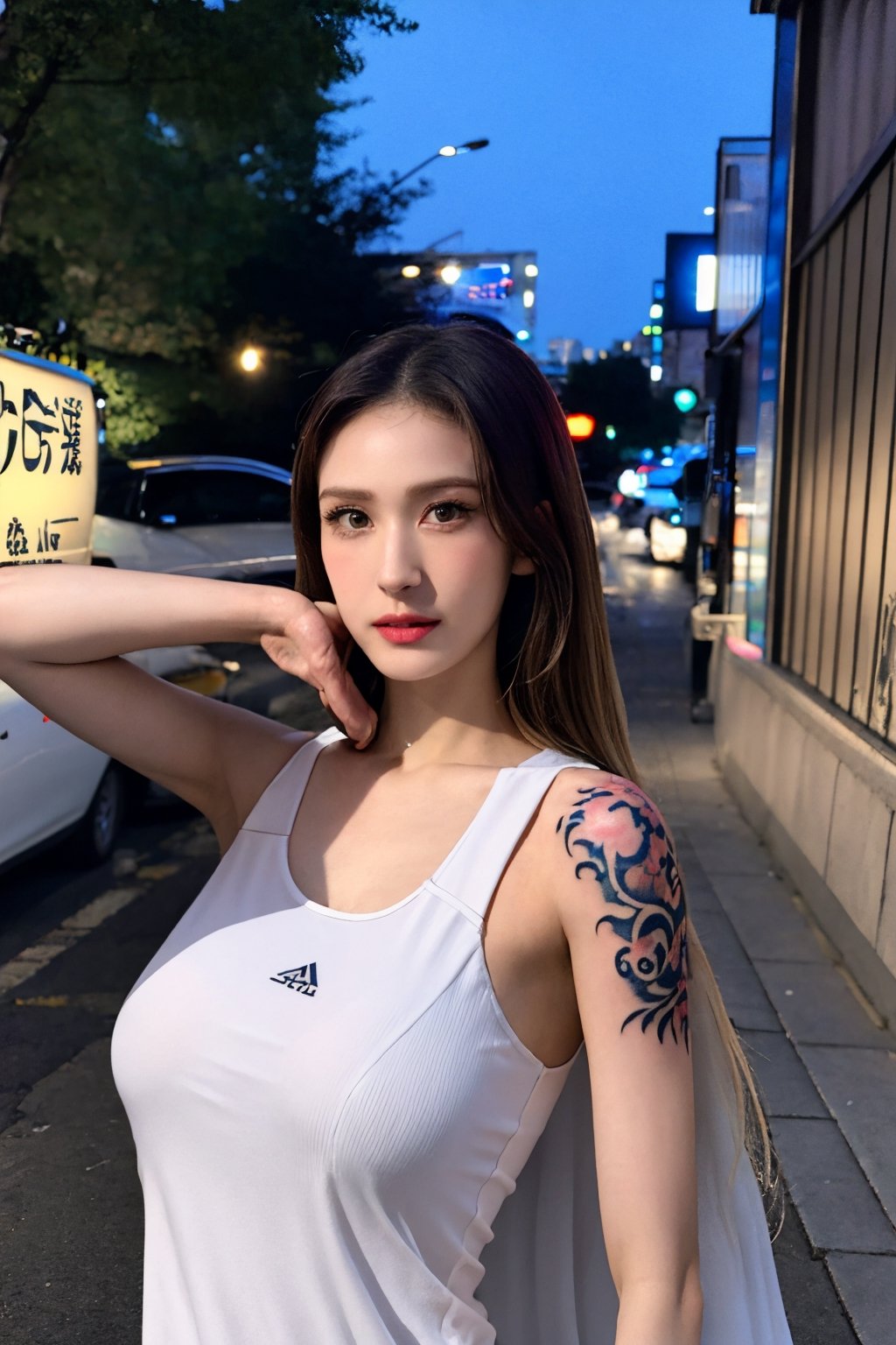 tattoo, 1girls, dragontattoo, modelpose, realistic, body_tattoo, background_city, 8k, colorful, sportswear, sportwear, yakuza_tattoo, tatoo, cityscape, street,irenelorashy,somilorashy