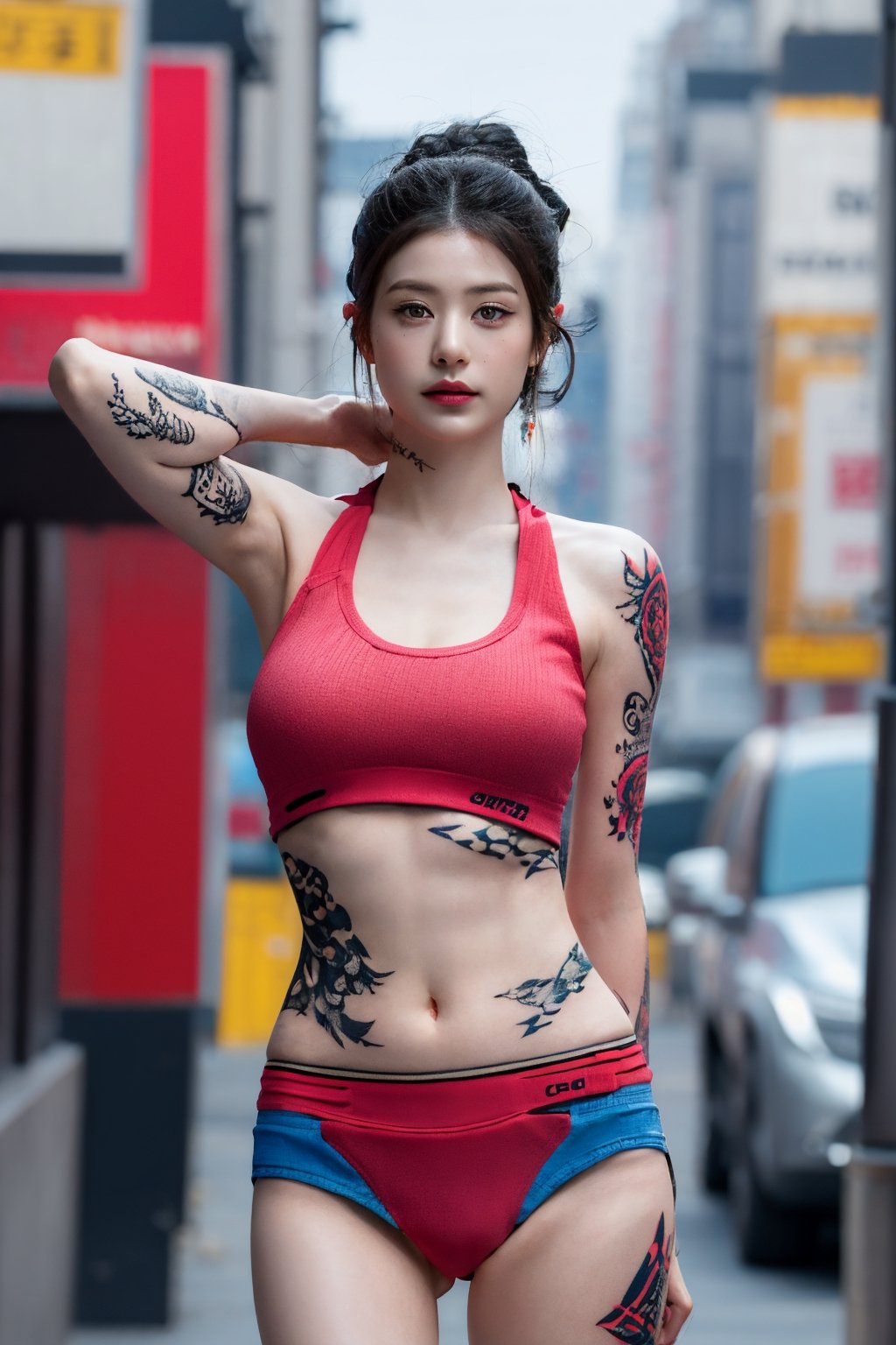 tattoo, 1girls, dragontattoo, modelpose, realistic, body_tattoo, background_city, sportswear, sportwear, 8k, colorful, yakuza_tattoo, tatoo, jooelorashy, jooelorashy, city, street