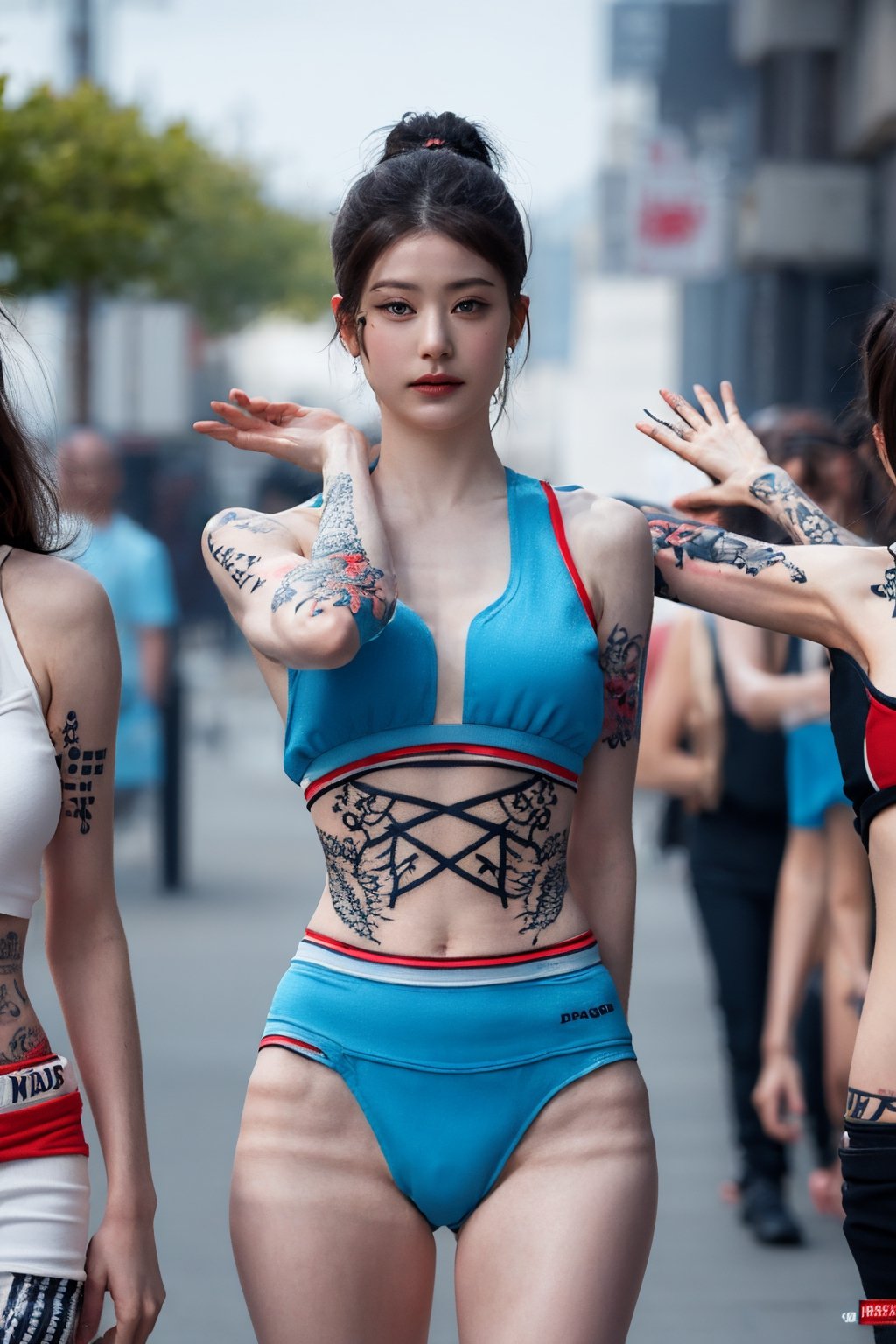 tattoo, 1girls, dragontattoo, modelpose, realistic, body_tattoo, background_city, sportswear, sportwear, 8k, colorful, yakuza_tattoo, tatoo, jooelorashy, jooelorashy, city, street