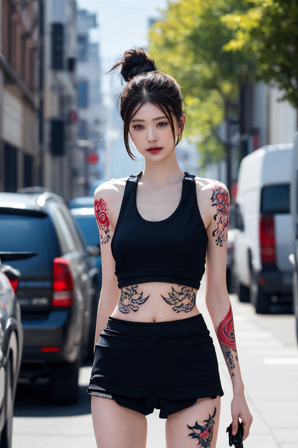 tattoo, 1girls, dragontattoo, modelpose, realistic, body_tattoo, background_city, sportswear, sportwear, 8k, colorful, yakuza_tattoo, tatoo, jooelorashy, jooelorashy, city, street