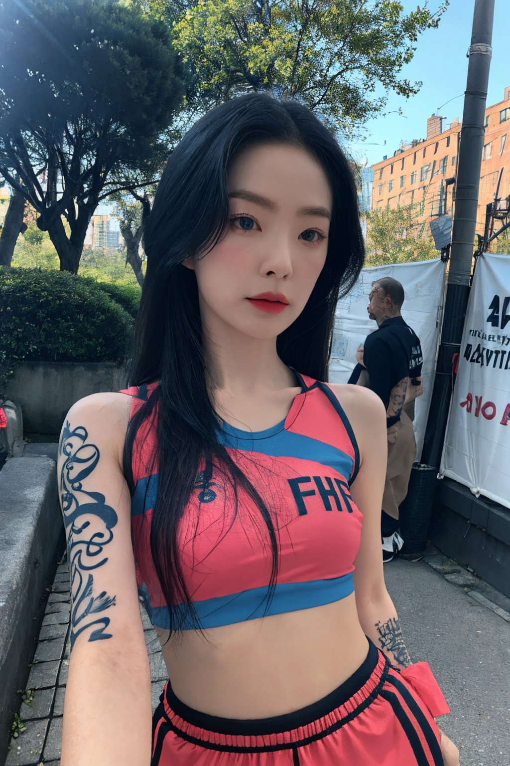 tattoo, 1girls, dragontattoo, modelpose, realistic, body_tattoo, background_city, 8k, colorful, sportswear, sportwear, yakuza_tattoo, tatoo, irenelorashy, cityscape, street