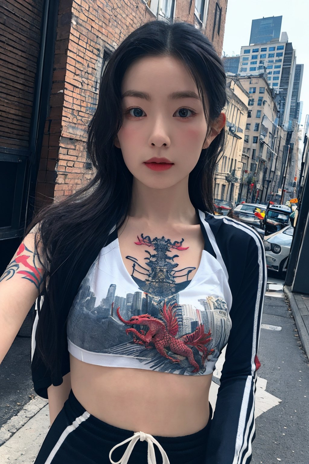 tattoo, 1girls, dragontattoo, modelpose, realistic, body_tattoo, background_city, 8k, colorful, sportswear, sportwear, yakuza_tattoo, tatoo, irenelorashy, cityscape, street