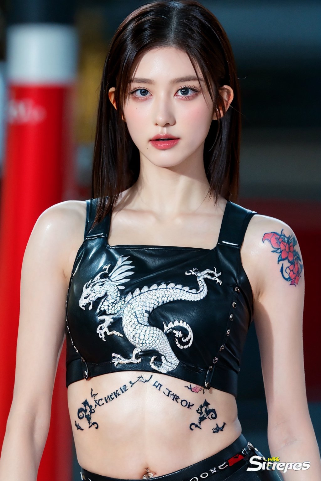 tattoo, 1girls, dragontattoo, modelpose, realistic, body_tattoo, background_city, sportswear, 8k, colorful, yakuza_tattoo, tatoo, 
street, city, gaeullorashy