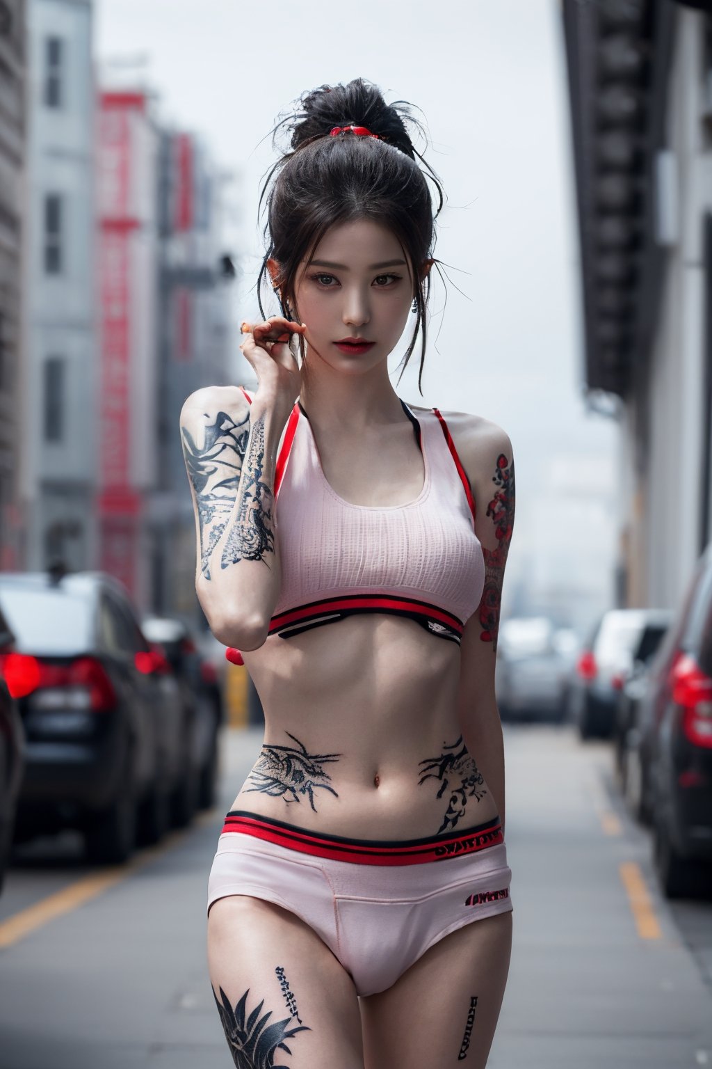 tattoo, 1girls, dragontattoo, modelpose, realistic, body_tattoo, background_city, sportswear, sportwear, 8k, colorful, yakuza_tattoo, tatoo, jooelorashy, jooelorashy, city, street