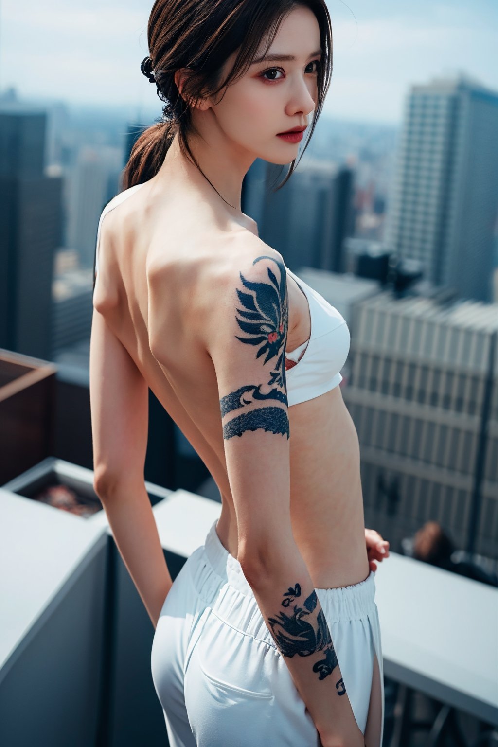 tattoo, 1girls, dragontattoo, modelpose, realistic, body_tattoo, background_city, 8k, colorful, sportswear, sportwear,  yakuza_tattoo, tatoo