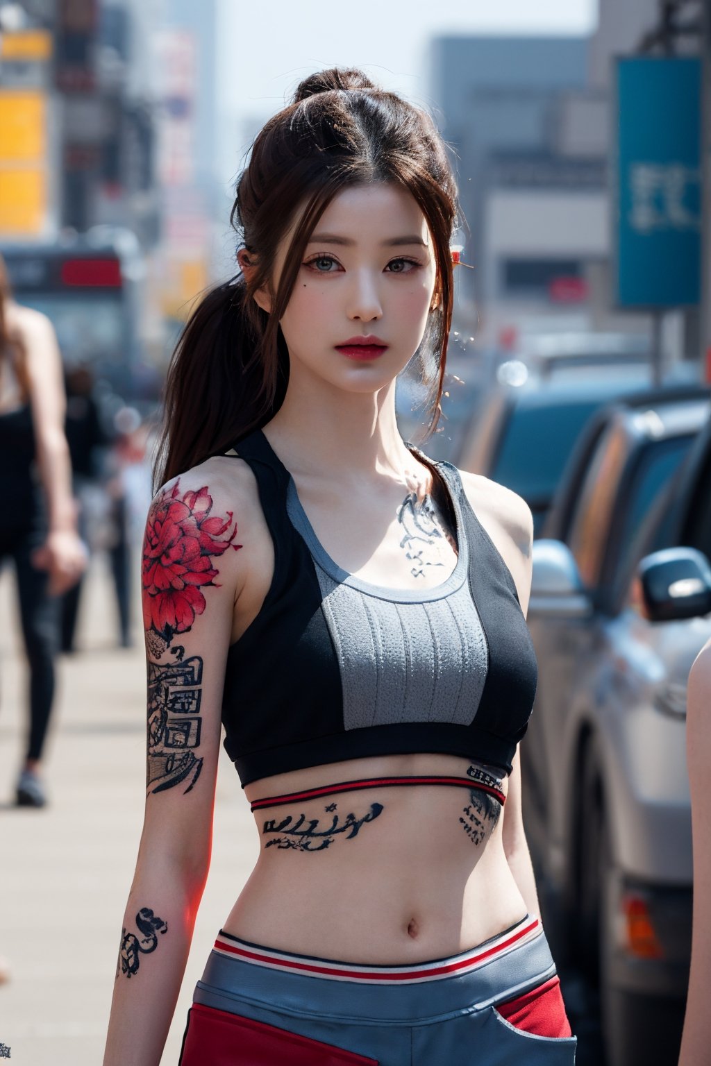 tattoo, 1girls, dragontattoo, modelpose, realistic, body_tattoo, background_city, sportswear, sportwear, 8k, colorful, yakuza_tattoo, tatoo, jooelorashy, jooelorashy, city, street