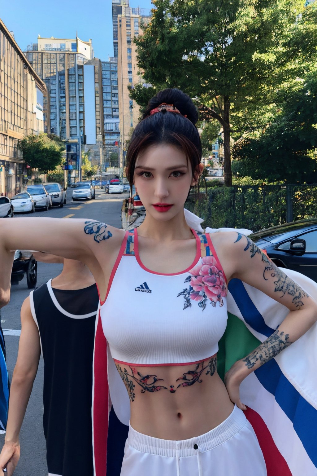 tattoo, 1girls, dragontattoo, modelpose, realistic, body_tattoo, background_city, 8k, colorful, sportswear, sportwear, yakuza_tattoo, tatoo, cityscape, street,irenelorashy,somilorashy