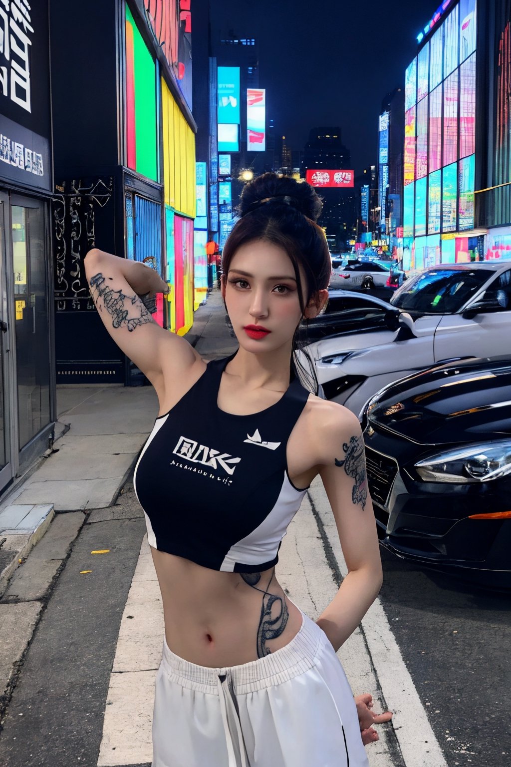 tattoo, 1girls, dragontattoo, modelpose, realistic, body_tattoo, background_city, 8k, colorful, sportswear, sportwear, yakuza_tattoo, tatoo, cityscape, street,irenelorashy,somilorashy