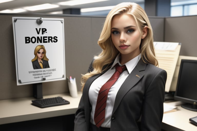 detailed skin, seductive young blonde wearing in business attire, she is in an office cubicle with a sign the reads "VP OF BONERS"