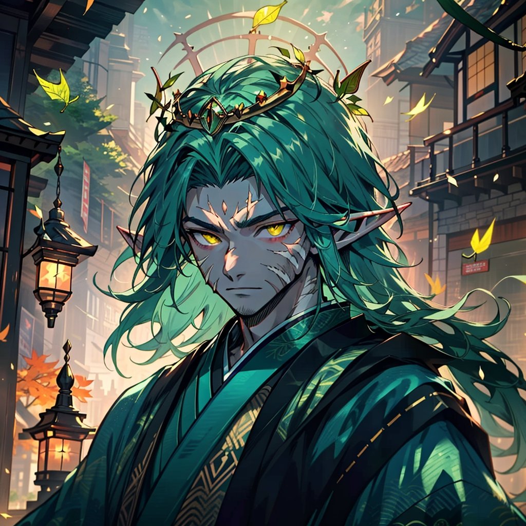 Muscular elf boy, better_scar, ((Green Clothing, Castle town, Japanese style houses, Glimmering yellow eyes, Elvish Royal King)), ((several battle-cuts scars in his Face)), ((Long Pure Green Hair)), gothic anime, ((Leaf Crown)), Sunset, arm, Full amour, ((masterpiece, best quality)), ((dramatic scene)), boy, slit pupils