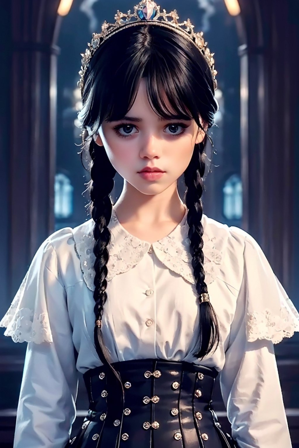 (masterpiece:1.4, best quality), (intricate details), unity 8k wallpaper, ultra detailed, (pastel colors:1.3), (lace) clothes, beautiful and aesthetic, 1girl, body covered in words, words on body, ink, detailed, solo,  ,Wednesday Addams