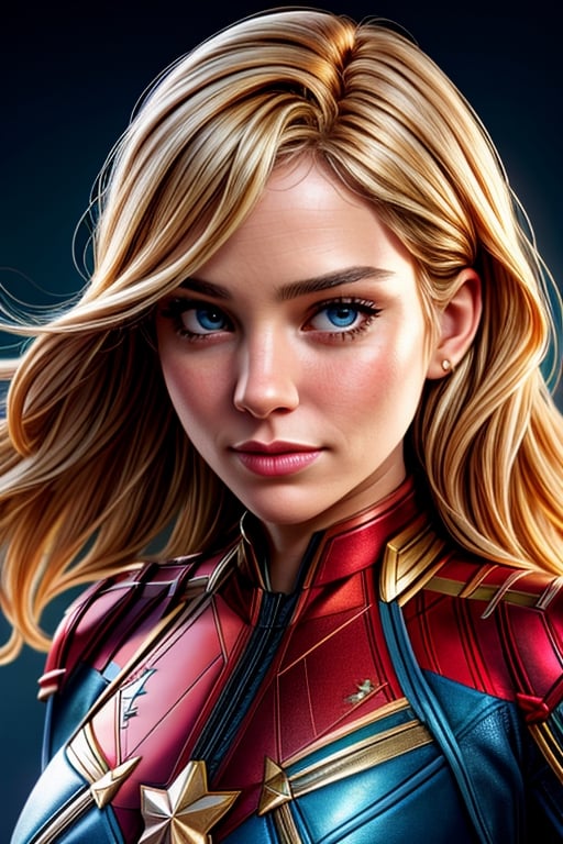 best quality,ultra-detailed,realistic:1.37,(HDR,UHD),(studio lighting),(physically-based rendering),(extreme detail description),(professional),(vivid colors),(bokeh),portraits,Sienna Miller as captain marvel,beautiful detailed eyes,beautiful detailed lips,extremely detailed eyes and face,glowing energy,cosmic background,striking costume,red, blue, and gold color scheme,dramatic lighting