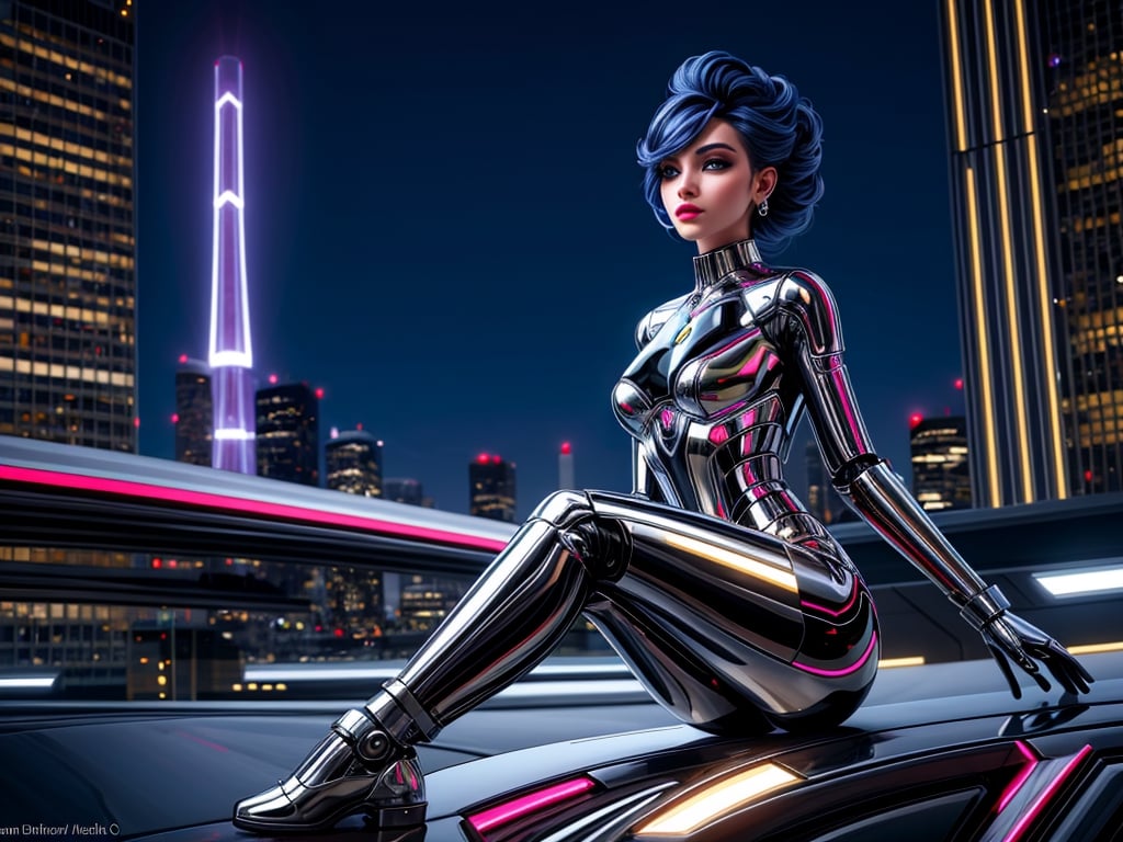 (best quality,4k,8k,highres,masterpiece:1.2),ultra-detailed,(realistic,photorealistic,photo-realistic:1.37),girl in metallic suit,shiny fabric,reflective surface,sleek design,innovative concept,expressive eyes,futuristic hairstyle,confident pose,cityscape in the background,vibrant colors,surreal lighting,sci-fi atmosphere,artistic rendering,original concept,high fashion styling,modern architecture,impressive visual effects,attention to detail,stylish accessories,robotic elements,edgy makeup,extraordinary fashion flair,mysterious aura,metropolitan setting,captivating presence,technological advancements,electric energy,creative composition,contemporary elegance,striking visual impact