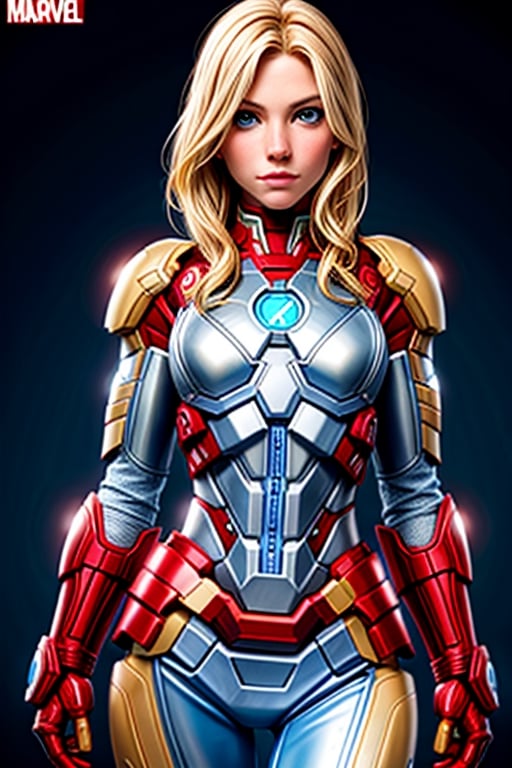 Sienna Miller, medium length blonde hair, blue eyes, detailed eyes, pale skin, looking confident, battleground, ironman suite, serious, ultra-detailed, high_res, marvel_comics