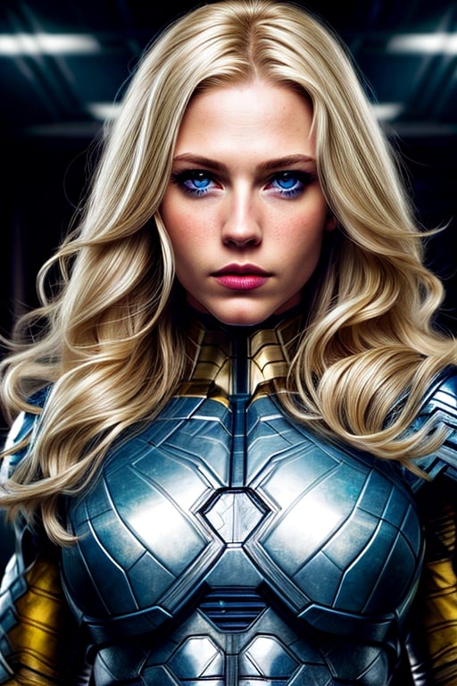 Sienna Miller, medium length blonde hair, blue eyes, detailed eyes, pale skin, looking confident, battleground, ironwoman suite, serious, ultra-detailed, high_res, marvel_cinemetic