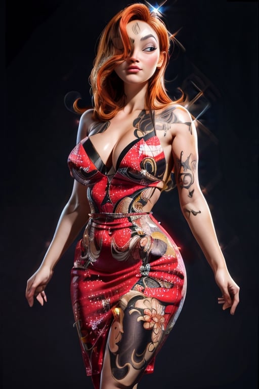 (master piece), (ultra-detailed), (highres, realistic:1.2), Luma, elegant and beautiful, stands tall with a strong posture. Her presence is captivating, radiating confidence and grace. Her figure is curvaceous, with breasts that possess a voluminous proportion, accentuating her femininity,YakuzaTattoo,JessicaWaifu