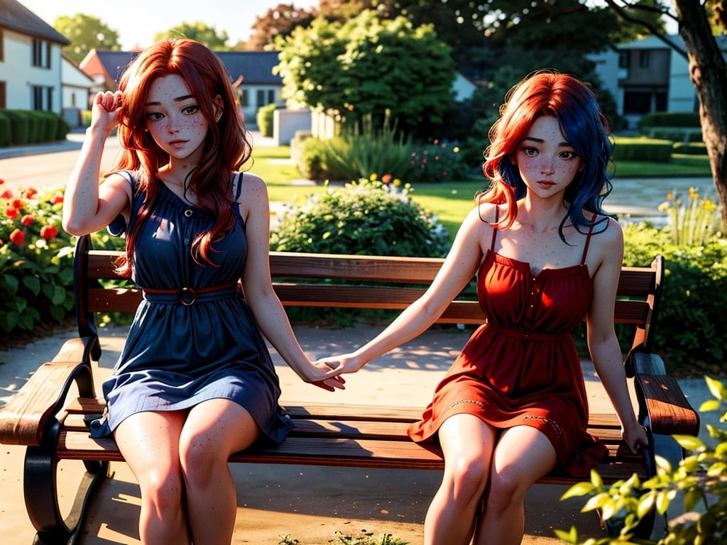 8k, (masterpiece), (picture-perfect face), (perfect female body), freckles, blush,2girls, red hair, casual dress, blue hair, party dress, outdoor, garden, wood bench, hand, hand_holding, red hair girl, holding_ring, serious, thin air, tense moment,SAM YANG,