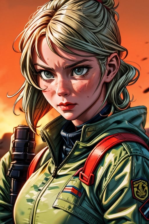 sienna miller,g.i. joe,action movie,heroine,strong female character,combat skills,military uniform,detailed camouflage,advanced weaponry,explosions,high adrenaline,dark and gritty atmosphere,best quality,ultra-detailed,realistic:1.37,portraits,warm color tones,dynamic lighting