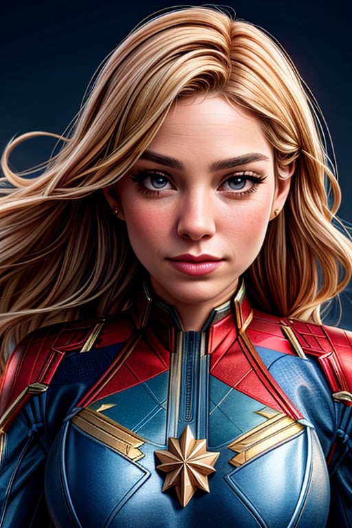 best quality,ultra-detailed,realistic:1.37,(HDR,UHD),(studio lighting),(physically-based rendering),(extreme detail description),(professional),(vivid colors),(bokeh),portraits,Sienna Miller as captain marvel,beautiful detailed eyes,beautiful detailed lips,extremely detailed eyes and face,longeyelashes,confident expression,strong and powerful,heroic posture,flying in the sky,dynamic action,glowing energy,cosmic background,striking costume,red, blue, and gold color scheme,dramatic lighting