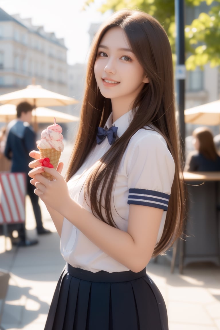 street cafe,16 yo,beautiful girl,very long hair, straight hair,brown hair,smile,wearing school uniform,she is having ice cream,Best Quality, 32k, photorealistic, ultra-detailed, finely detailed, high resolution, perfect dynamic composition, beautiful detailed eyes, sharp-focus, cowboy shot,full body,Nature