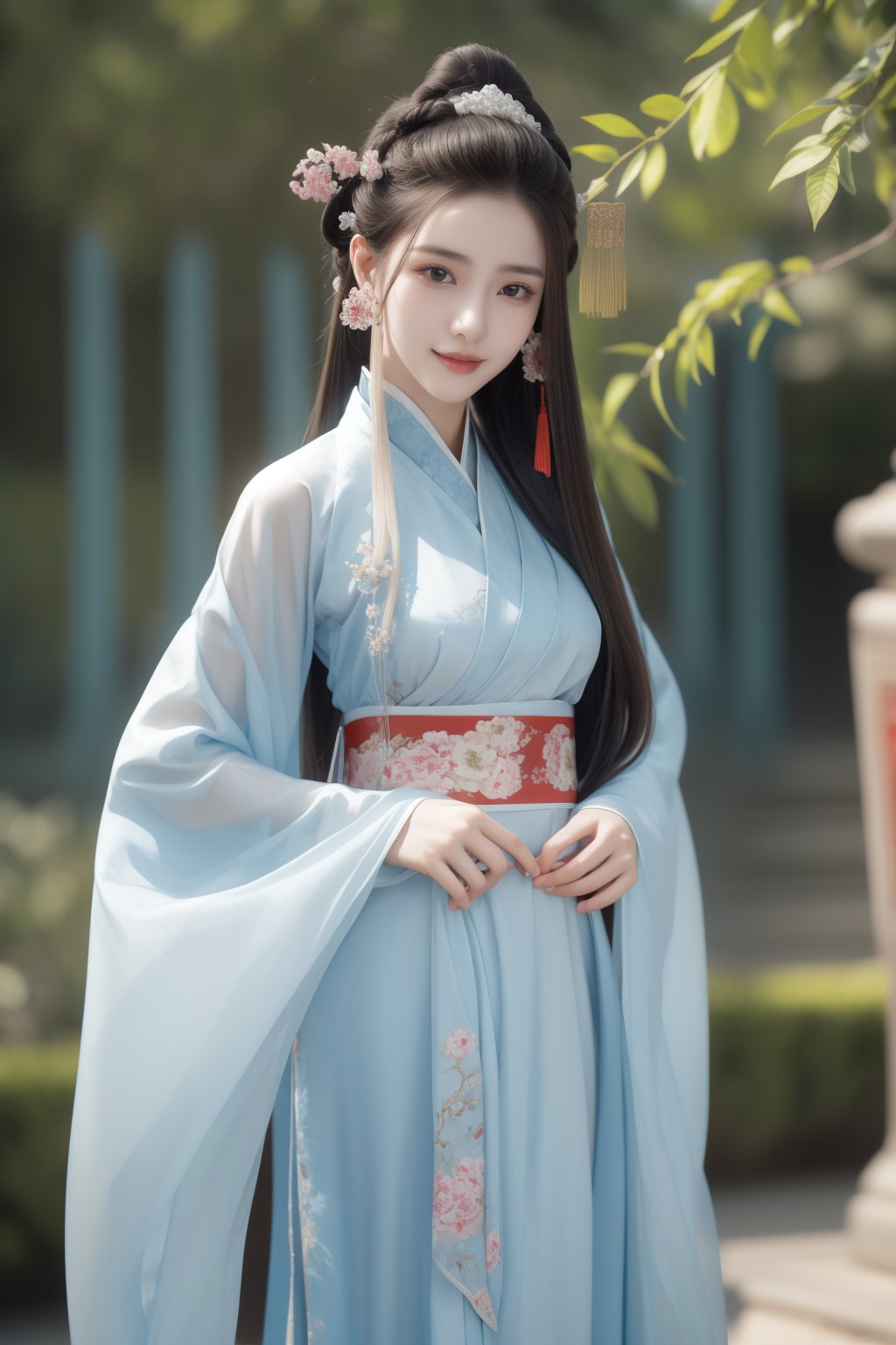 ancient chinese palace,secret garden,girl,1 yo,queen's hair and hair pins,very_long_hair,hair_past_waist,smile,wearing long hanfu(very long sleeves),Best Quality, 32k, photorealistic, ultra-detailed, finely detailed, high resolution, perfect dynamic composition, beautiful detailed eyes, sharp-focus, cowboy_shot, front shot,1girl