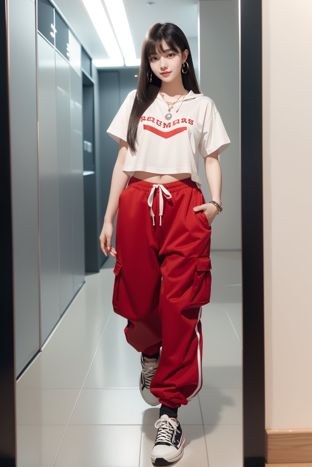 16 yo,beautiful korean girl,16 yo,dark hair(very long hair, straight hair,bangs),hiphop dancer,smile,wearing loose fit hood t shirt,wearing red color wide cargo pants,sneakers,sneakers,dancing prctice hall,standng in front of mirror wall,accessories(necklace,ear_rings),Best Quality, 32k, photorealistic, ultra-detailed, finely detailed, high resolution, perfect dynamic composition, beautiful detailed eyes, sharp-focus, cowboy_shot, 