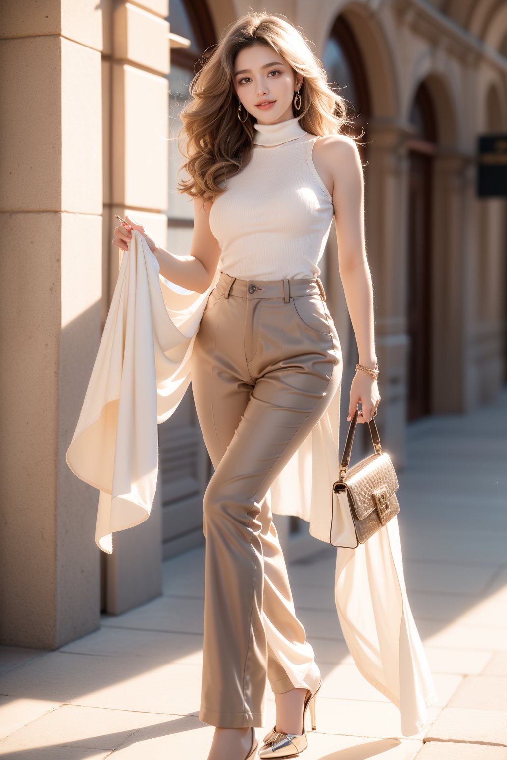 simple_background,16 yo,beautiful girl,fashion model,very long hair,curly hair,grey blonde hair,tall,slim body,wearing tight turtleneck sleeveless top, long beige pants and heels,shoulder bag,smile,Best Quality, 32k, photorealistic, ultra-detailed, finely detailed, high resolution, perfect dynamic composition, beautiful detailed eyes, sharp-focus, cowboy shot,perfect legs,Fantasy detailers,Casual dress,Bohemian fashion,Western fashion,Realistic,Hyper detailed