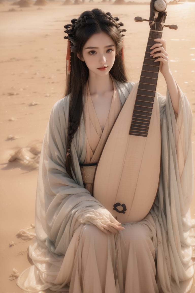 sky,desert, dune,sun,wind,sand storm,16 yo,beautiful girl,very long hair, straight hair,brown hair,smile,wearing hanfu,holding a lute,stand on dune,Best Quality, 32k, photorealistic, ultra-detailed, finely detailed, high resolution, perfect dynamic composition, beautiful detailed eyes, sharp-focus, cowboy shot,bottom view shot,