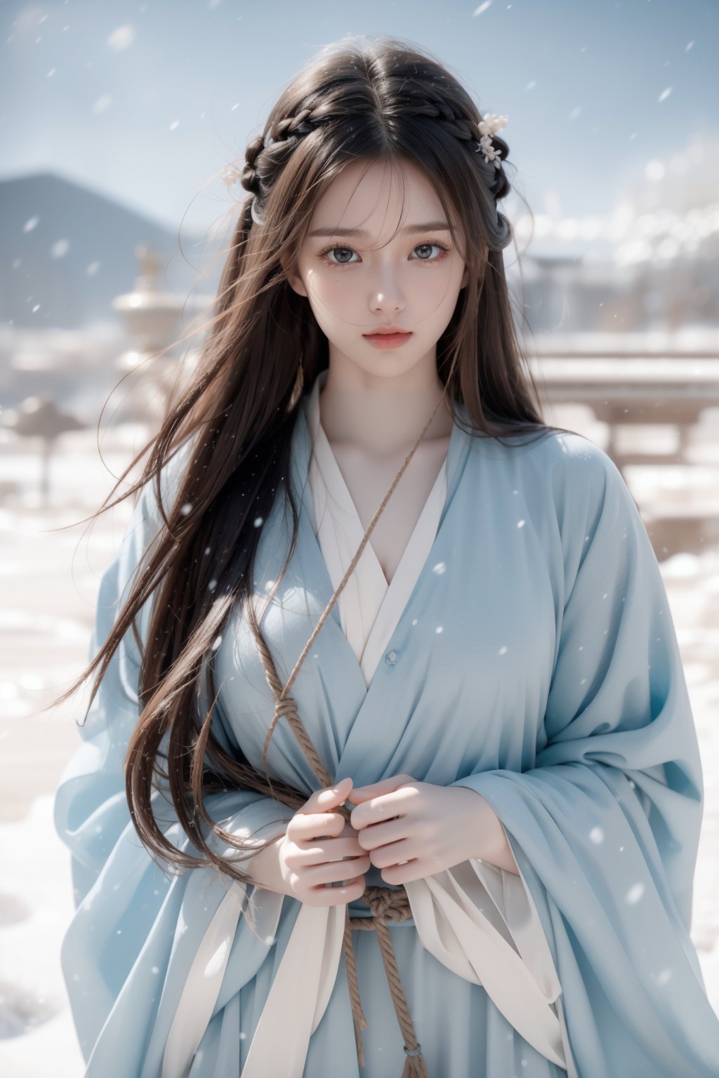 blue sky,snow field,horizon,sun,wind,snow storm,16 yo,beautiful girl,very long hair, straight hair,bangs,brown hair,tangled hair,wearing ragged hanfu,walking on snow,her body is bound with a rope,she is hang her head in shame,crying,tears,Best Quality, 32k, photorealistic, ultra-detailed, finely detailed, high resolution, perfect dynamic composition, beautiful detailed eyes, sharp-focus, cowboy shot,