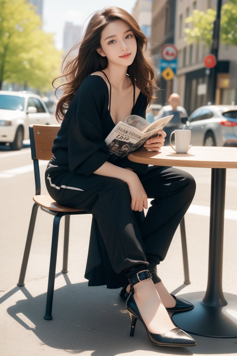 New York street,street cafe,tables,chairs,roadside trees,beautiful girl,very long hair, curly hair,brown hair,smile,wearing top(black color,strap) and white long pants,heels,she is sitting at street cafe and reading magazine,closing legs,Best Quality, 32k, photorealistic, ultra-detailed, finely detailed, high resolution, perfect dynamic composition, beautiful detailed eyes, sharp-focus, cowboy shot,full body,Nature