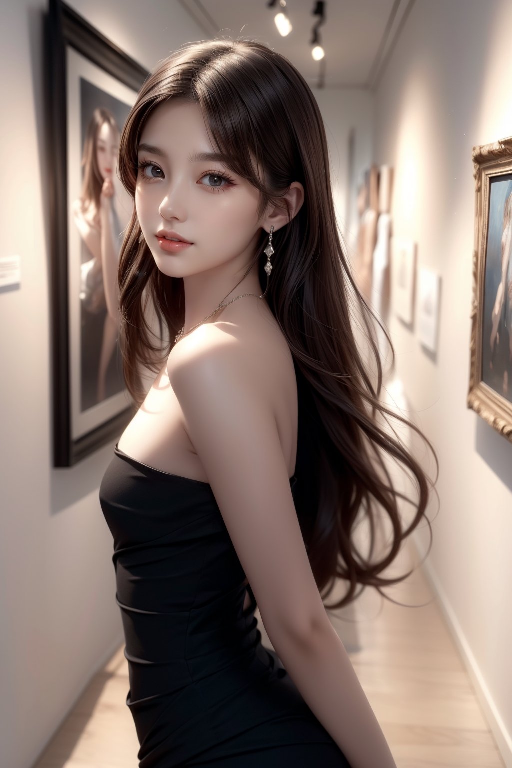 Background is art gallery,hall(high ceiling,white wall),framed big pictures on the wall(famouse paintings),
18 yo, 1 girl, beautiful korean girl,standing in front of picture,wearing bzsohee, black dress, bare shoulders, strapless dress,small handbag,
solo, {beautiful and detailed eyes}, dark eyes, calm expression, delicate facial features, ((model pose)), Glamor body type, (dark hair:1.2),very_long_hair, hair past hip,curly hair,bangs,
simple tiny necklace,simple tiny earrings, flim grain, realhands, masterpiece, Best Quality, 16k, photorealistic, ultra-detailed, finely detailed, high resolution, perfect dynamic composition, beautiful detailed eyes, eye smile, ((nervous and embarrassed)), sharp-focus, full_body, cowboy_shot, ,GothGal,0ff1c3_3,bzsohee