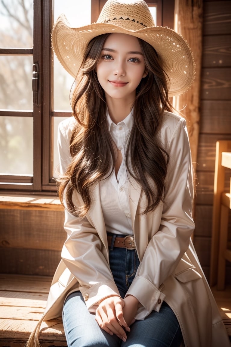 night,in the log cabin,16 yo,girl,very long hair, curly hair,wearing hunting suit,cowboy hat,smile,a dog sitting beside the girl,Best Quality, 32k, photorealistic, ultra-detailed, finely detailed, high resolution, perfect dynamic composition, beautiful detailed eyes, sharp-focus, cowboy shot,