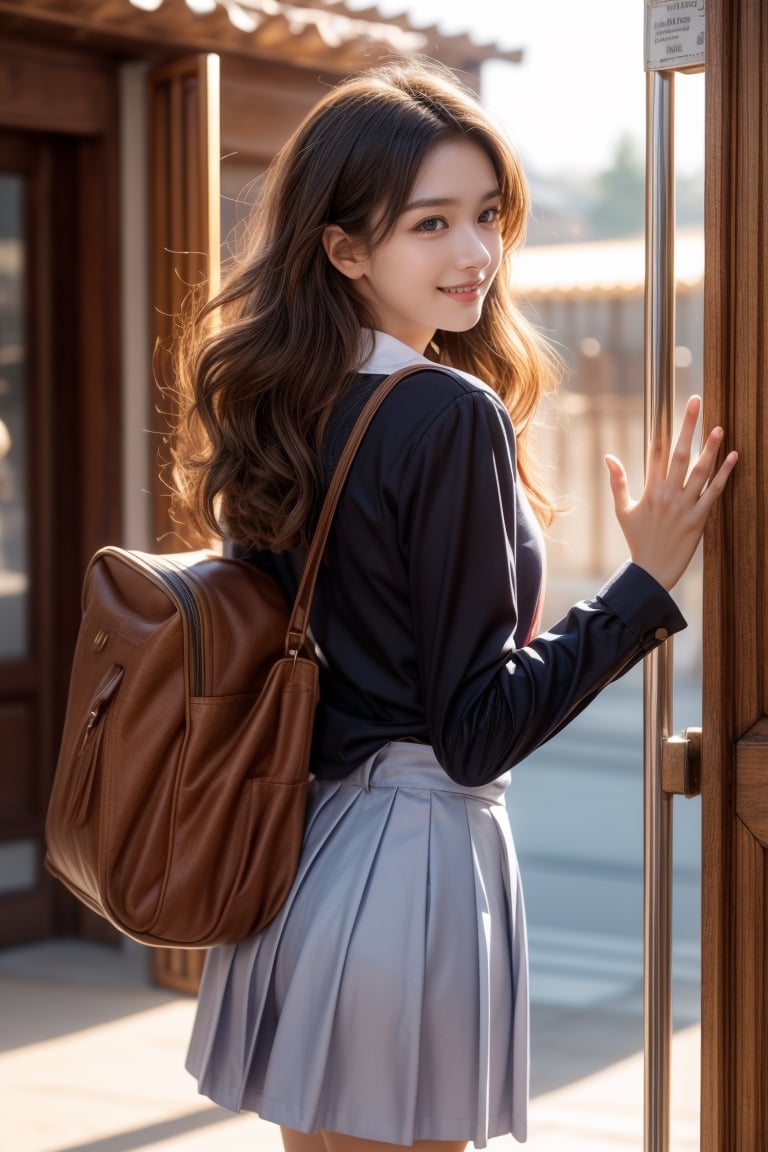 early morning,school gate,front gate,high school student,16 yo,girl,bobbed-hair, curly hair,wearing school uniform(long sleeves),students are walking to school,waving hello,smile,side lights,backlighting,Best Quality, 32k, photorealistic, ultra-detailed, finely detailed, high resolution, perfect dynamic composition, beautiful detailed eyes, sharp-focus, cowboy shot,