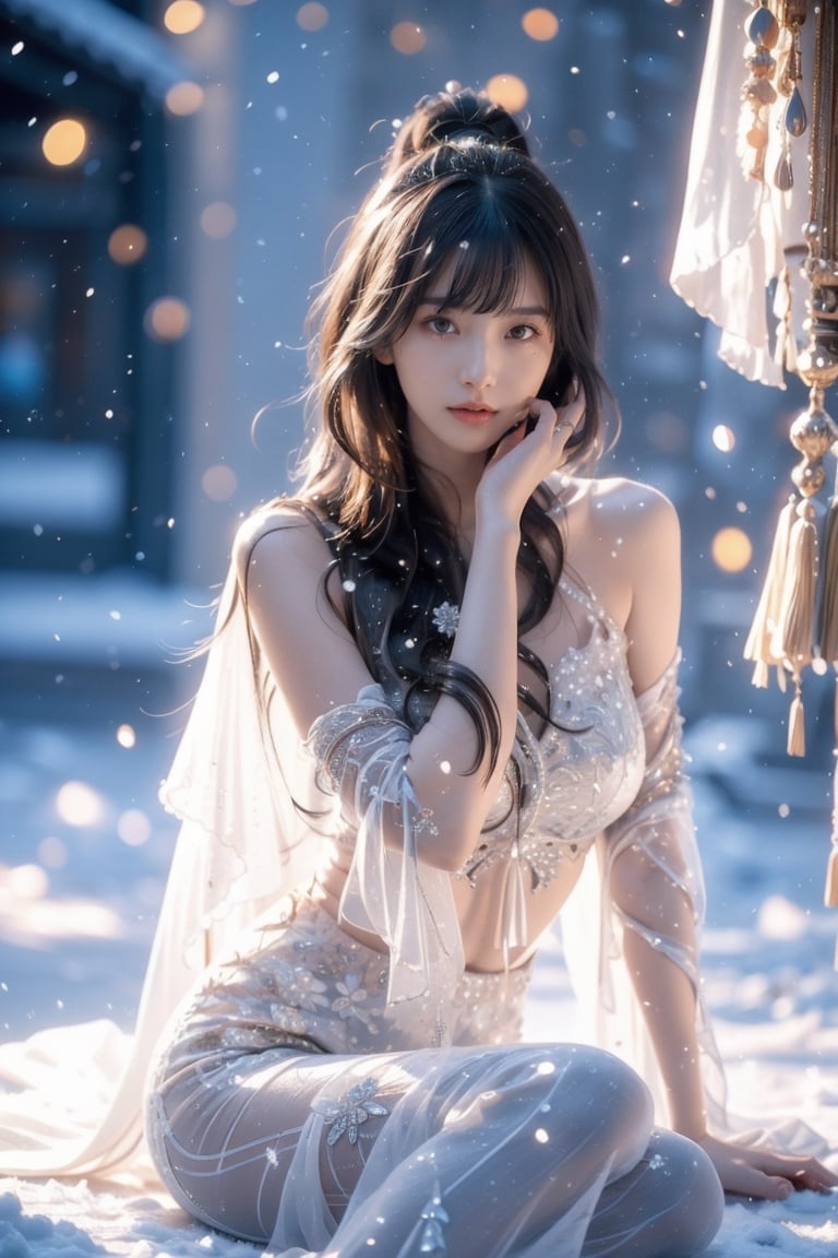 The background is cave,covered with snow,long icicle,16 yo, 1 girl,sitting in the cave,bonfire, beautiful hanfu(white, transparent), cape,bare shoulder,breast exposed, shining bracelet, looking at viewer, solo, {beautiful and detailed eyes}, calm expression, natural and soft light, delicate facial features, ((model pose)), Glamor body type, (dark hair:1.2), bangs, very_long_hair,long ponytail, hair past hip, flim grain, realhands, masterpiece, Best Quality, photorealistic, ultra-detailed, finely detailed, high resolution, perfect dynamic composition, beautiful detailed eyes, eye smile, ((nervous and embarrassed)), sharp-focus, full_body, cowboy_shot, sexy pose,ruanyi0060,Samurai girl,xuer martial arts,snow_scene_background