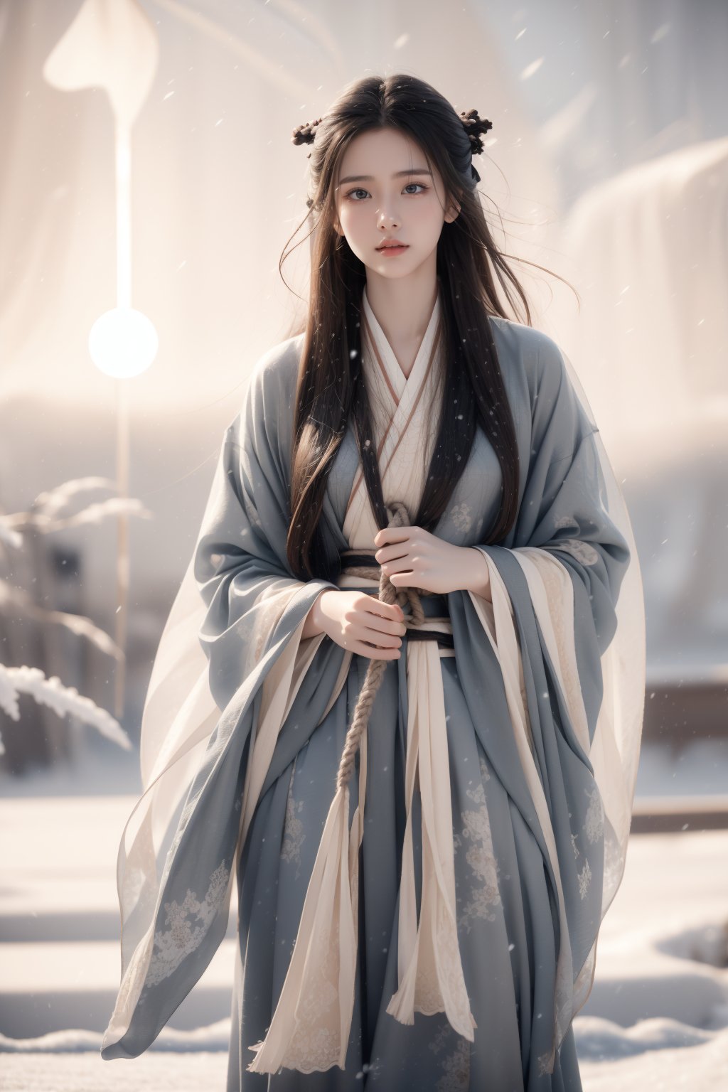 sky,snow field,horizon,sun,wind,snow storm,16 yo,beautiful girl,very long hair, straight hair,brown hair,tangled hair,wearing ragged hanfu,walking on snow,she is bound with a rope,she is hang her head in shame,crying,tears,Best Quality, 32k, photorealistic, ultra-detailed, finely detailed, high resolution, perfect dynamic composition, beautiful detailed eyes, sharp-focus, cowboy shot,