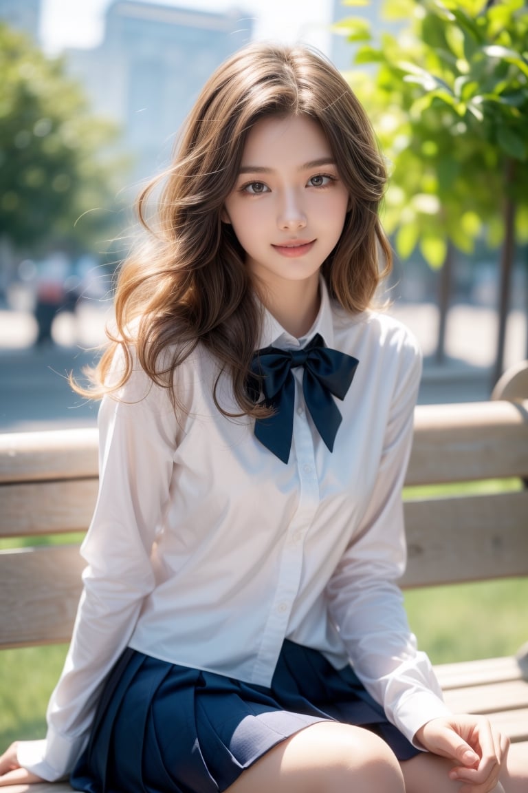 magical planet where everything is vibrant and full of colors where bright trees and flowers,bench,high school student,16 yo,girl,bobbed-hair, curly hair,wearing school uniform(long sleeves),sitting on bench,smile,side lights,backlighting,Best Quality, 32k, photorealistic, ultra-detailed, finely detailed, high resolution, perfect dynamic composition, beautiful detailed eyes, sharp-focus, cowboy shot,