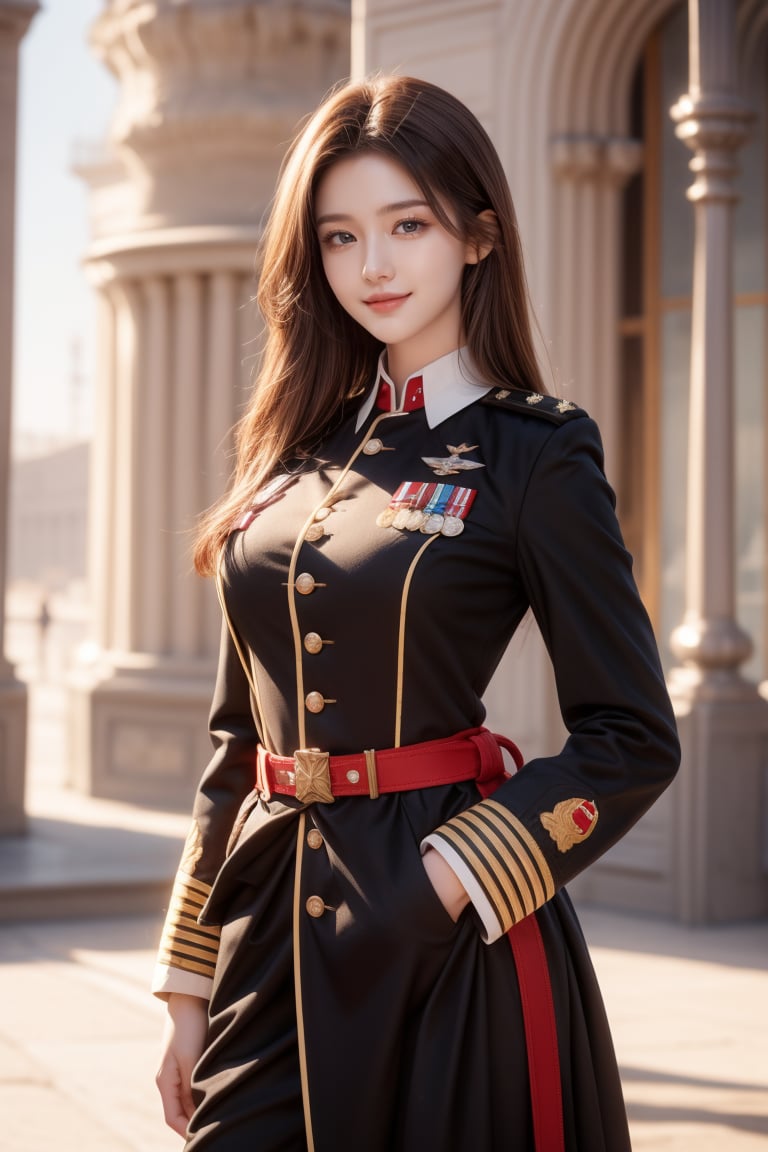 background old palace square,16 yo,beautiful girl,military officer,dark brown hair,tall,slim waist,wearing military uniform,smile,Best Quality, 32k, photorealistic, ultra-detailed, finely detailed, high resolution, perfect dynamic composition, beautiful detailed eyes, sharp-focus, cowboy shot,