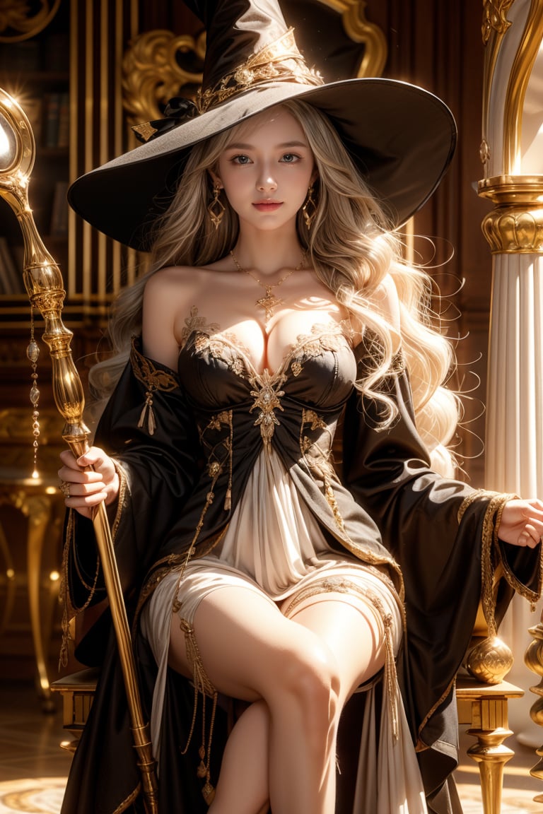 the living room of a mansion,antique furnitures,a witch,smile,grey blonde hair,curly hair,very_long_hair,tiny earrings,tiny necklace,sitting on throne,holding a staff,Best Quality, 32k, photorealistic, ultra-detailed, finely detailed, high resolution, perfect dynamic composition, beautiful detailed eyes, sharp-focus, cowboy shot,More Detail,Moon Witch