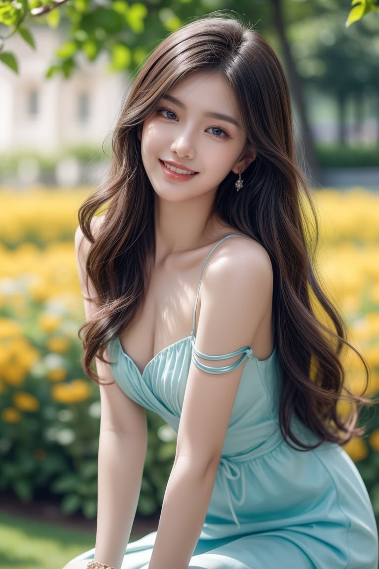 sit on a branch of the large tree(measuring more than the both arms span around), flower garden, many flowers surrounding, green field, flower filed(red, yellow, blue, violet), various flowers,
20 yo, 1 girl, beautiful korean girl, (happy laugh),bare shoulder,wearing dress(strap),
shining bracelet, solo, {beautiful and detailed eyes}, dark eyes, calm expression, natural and soft light, delicate facial features, ((model pose)), Glamor body type, (dark hair:1.2), simple tiny earrings,very_long_hair,hair past hip, curly hair, flim grain, realhands, masterpiece, Best Quality, 16k, photorealistic, ultra-detailed, finely detailed, high resolution, perfect dynamic composition, beautiful detailed eyes, eye smile, ((nervous and embarrassed)), sharp-focus, full_body, sexy pose, cowboy_shot,